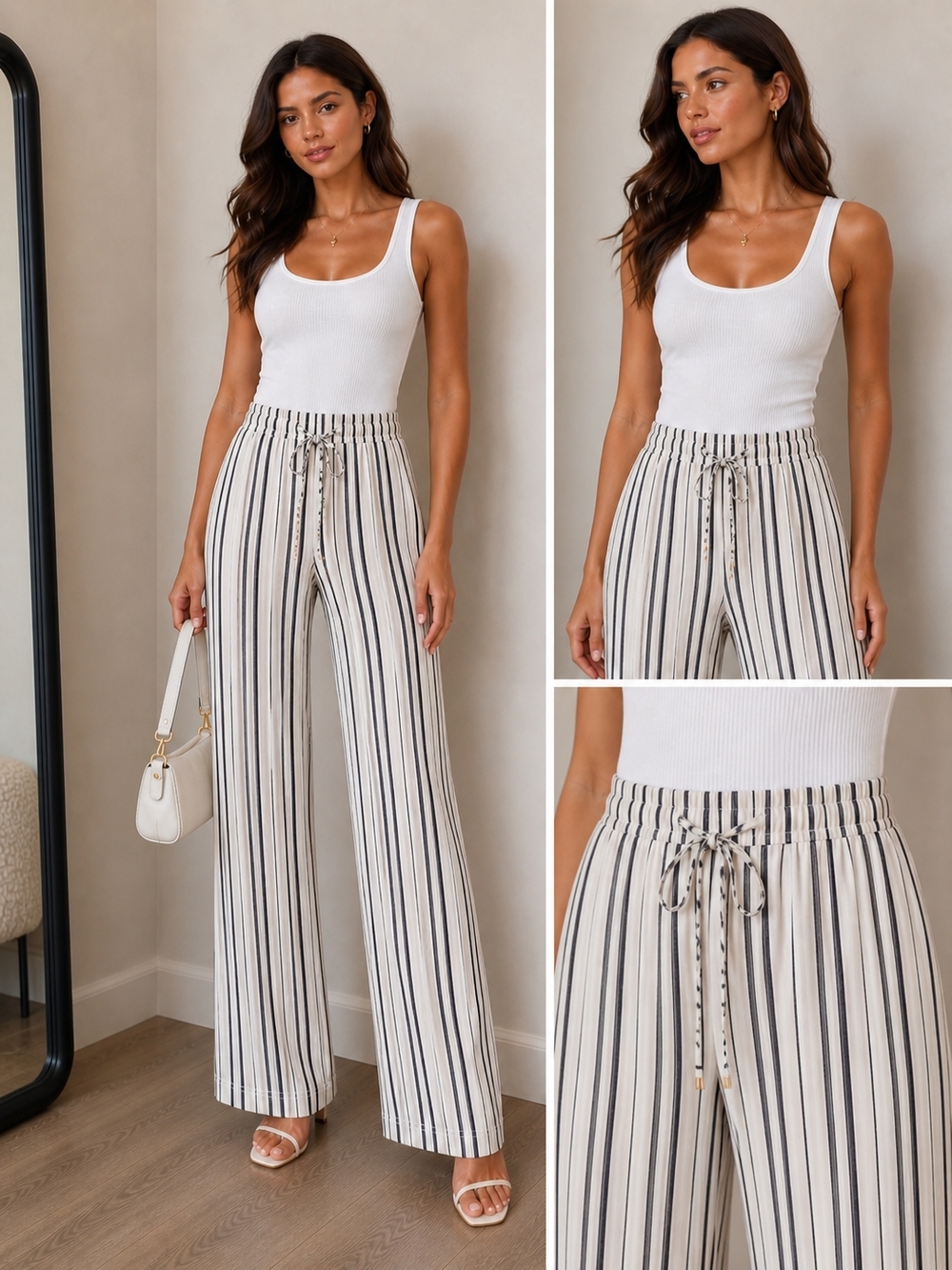 Ellen Tracy White and Black Striped Drawstring Wide-Leg Pants